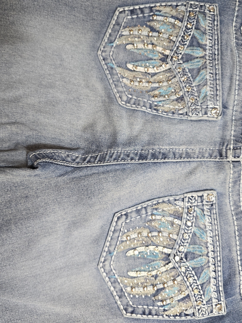 Sky Light Blue Embroidered Flare Jeans with Stud Accents